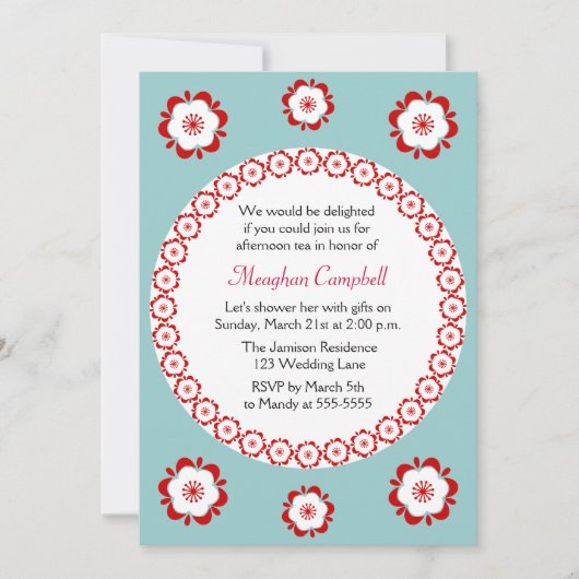 Blumengarland Aquamarines Rotes Brautparty Einladung (Vorderseite)
