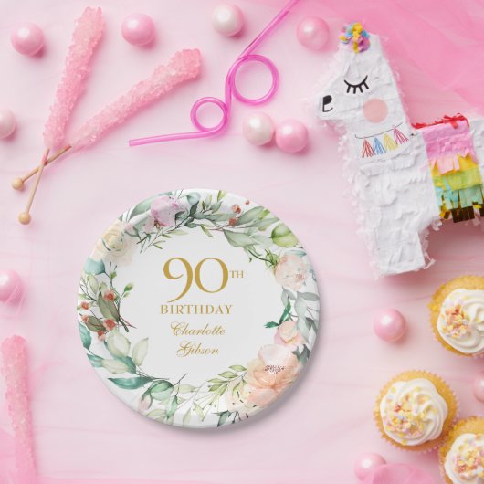 Blumengarland Rose 90. Geburtstag Pappteller (Party)