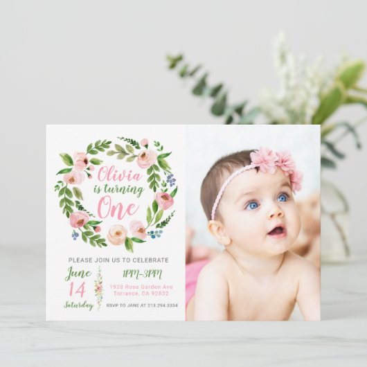 Blumengarten 1. Geburtstag Einladung Girl Foto (Stehend Vorderseite)