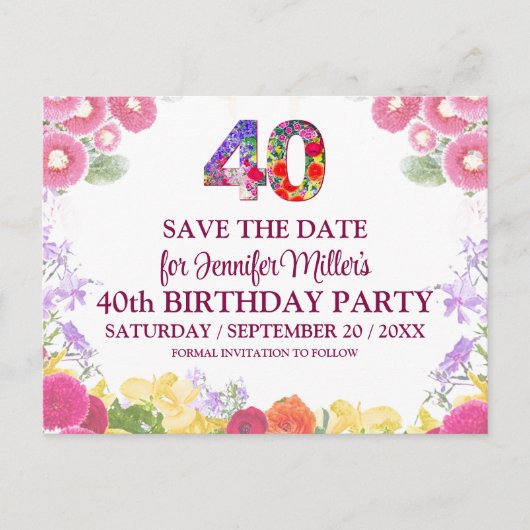 Blumengarten 40. Geburtstag - Elegant 40 Save the Postkarte (Vorderseite)