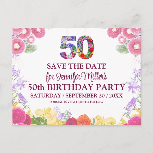 Blumengarten 50. Geburtstag - Elegant 50 Save the Postkarte (Vorderseite)