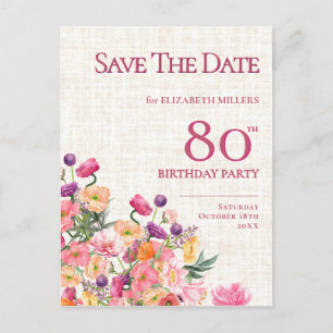 Blumengarten 80. Geburtstag Save the Date, Elegant Ankündigungspostkarte
