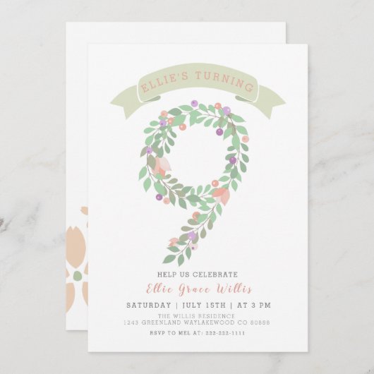 Blumengarten 9. Geburtstagsparty Einladung (Vorne/Hinten)