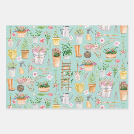 Blumengarten Aquarell Gartenmuster Geschenkpapier Set (Vorderseite)