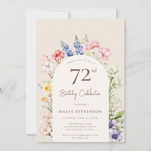 Blumengarten Arch Whimsical Beige 72. Geburtstag Einladung (Vorderseite)