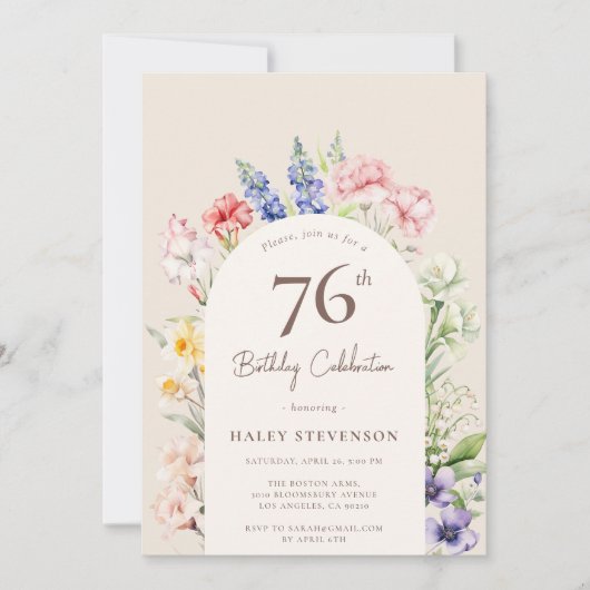 Blumengarten Arch Whimsical Beige 76. Geburtstag Einladung (Vorderseite)