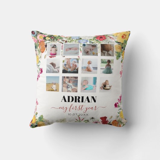 Blumengarten Baby First Year Foto Collage Kissen (Rückseite)