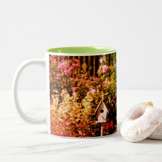 Blumengarten Bird House Personalisiert Zweifarbige Tasse (Mit Donut)