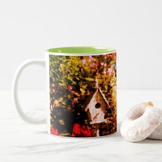 Blumengarten Bird House Personalisiert Zweifarbige Tasse (Mit Donut)