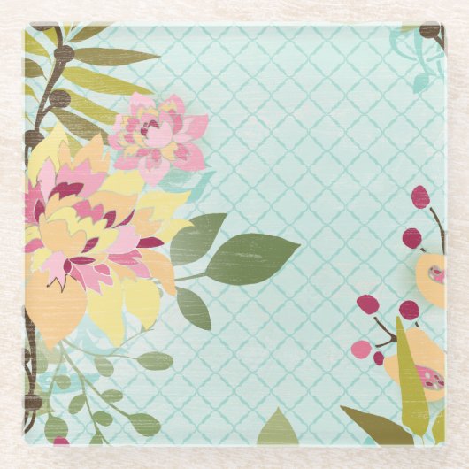 Blumengarten, blauer Hintergrund Glasuntersetzer (Vorderseite)