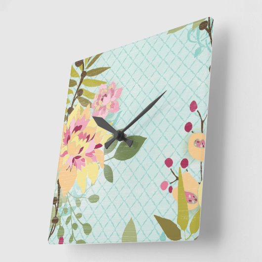 Blumengarten, blauer Hintergrund Quadratische Wanduhr (Winkel)