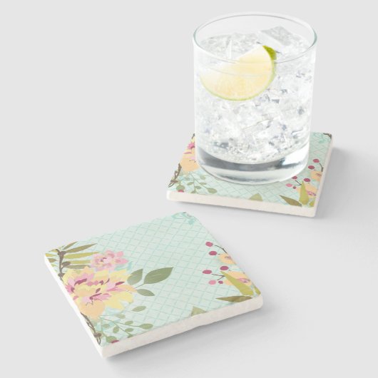 Blumengarten, blauer Hintergrund Steinuntersetzer (Seitenansicht)