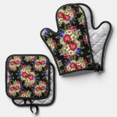 Blumengarten Blume Narcissus Foliage Rotes Blau Ofenhandschuh & Topflappen-Set (Vorderseite/Rückseite)