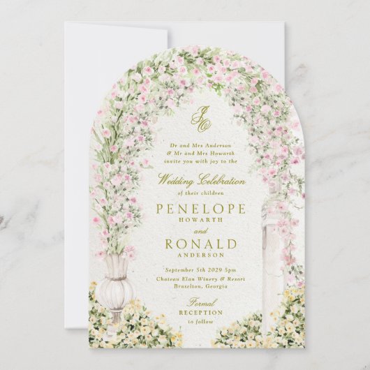 Blumengarten-Bogen-Monogramm-Hochzeit Einladung (Vorderseite)