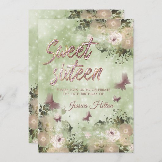 Blumengarten Butterfly 16 . Geburtstag Einladung (Vorne/Hinten)