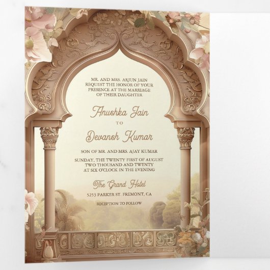 Blumengarten Elefanten Indischer Palast Hochzeit Dreifach Gefaltete Einladung (Innen Erste Seite)