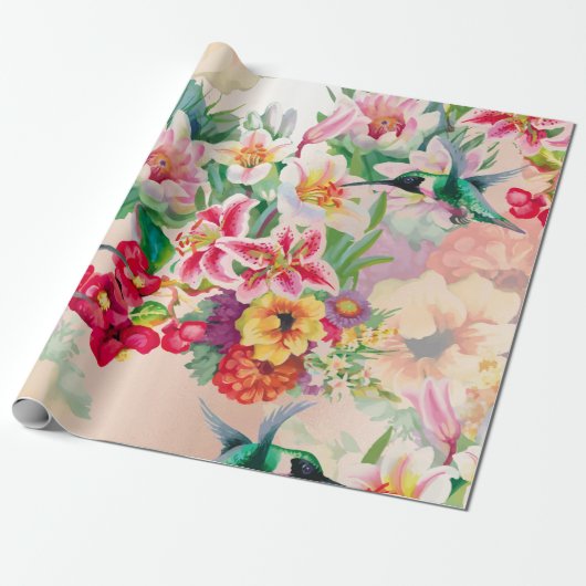 Blumengarten Gold Rosa Grüner Donnervogel Geschenkpapier (Ungerollt)