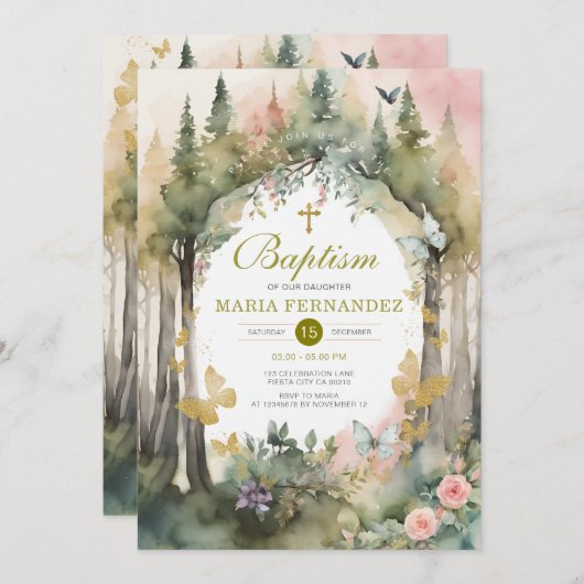 Blumengarten Grüne Blütenblume Taufe Einladung (Vorne/Hinten)