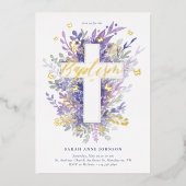 Blumengarten Lila Foliage Cross Baby Taufe Folieneinladung (Vorderseite)