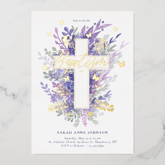 Blumengarten Lila Foliage Cross Baby Taufe Folieneinladung (Vorderseite)