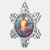 Blumengarten mit Sonnenuntergang aus festem Glas Schneeflocken Zinn-Ornament (Rechts)