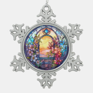 Blumengarten mit Sonnenuntergang aus festem Glas Schneeflocken Zinn-Ornament