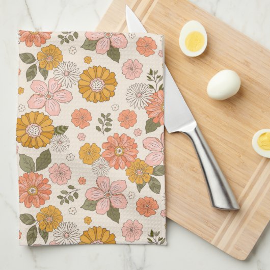Blumengarten-Muster in Rosa und Orange Geschirrtuch (Viertel Falte)