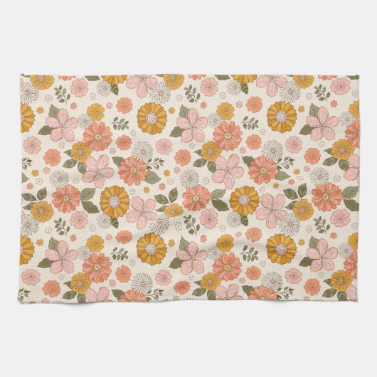 Blumengarten-Muster in Rosa und Orange Geschirrtuch (Horizontal)