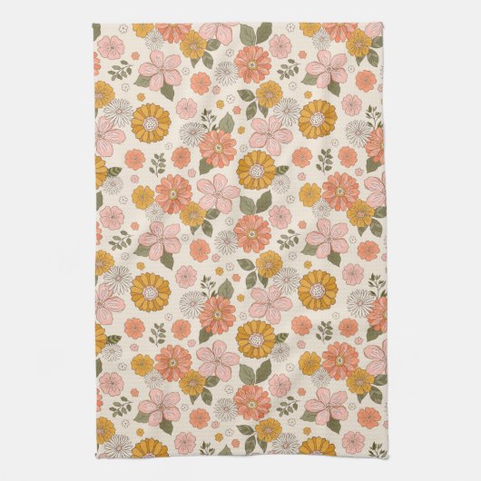 Blumengarten-Muster in Rosa und Orange Geschirrtuch (Vertikal)