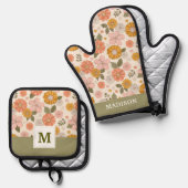 Blumengarten-Muster in Rosa und Orange Ofenhandschuh & Topflappen-Set (Vorderseite/Rückseite)