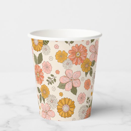 Blumengarten-Muster in Rosa und Orange Pappbecher (Vorderseite)