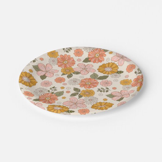 Blumengarten-Muster in Rosa und Orange Pappteller (Schrägansicht)