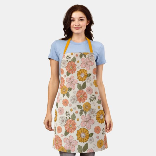 Blumengarten-Muster in Rosa und Orange Schürze (Getragen)