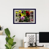 Blumengarten, offenes Fenster, Dahlias Poster (Heimbüro)