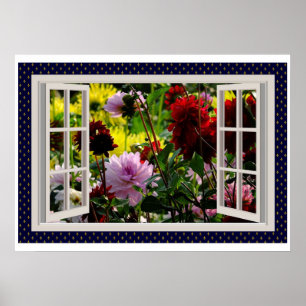 Blumengarten, offenes Fenster, Dahlias Poster