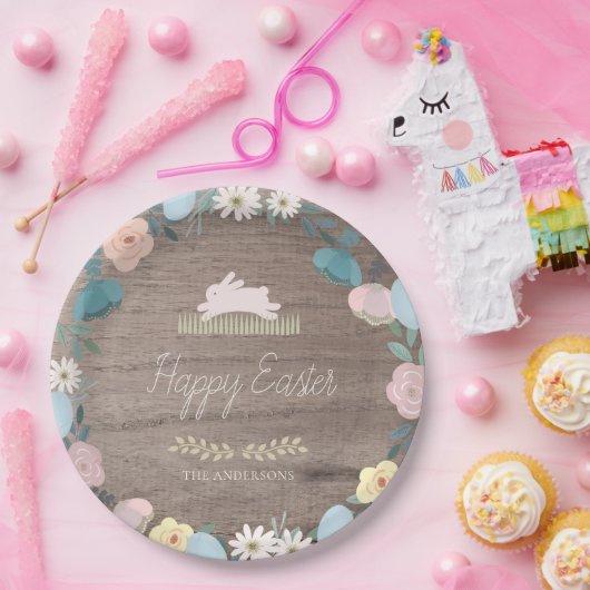 Blumengarten Osterfest Bunny Eggs Rustikales Holz Pappteller (Party)
