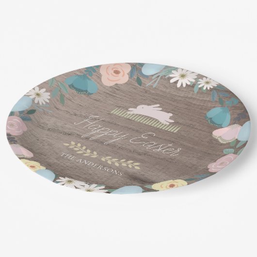 Blumengarten Osterfest Bunny Eggs Rustikales Holz Pappteller (Schrägansicht)