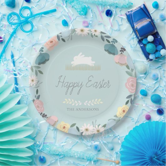 Blumengarten Ostern Bunny Egg Blau Pappteller (Party)