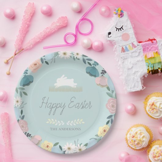 Blumengarten Ostern Bunny Egg Blau Pappteller (Party)