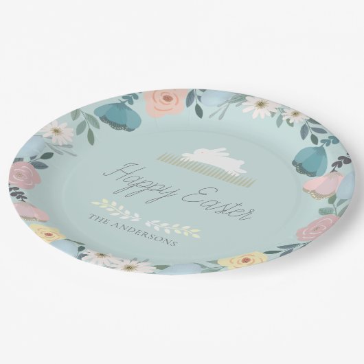 Blumengarten Ostern Bunny Egg Blau Pappteller (Schrägansicht)