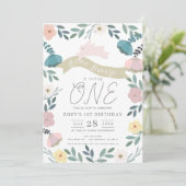 Blumengarten Pink Bunny Girl 1. Geburtstag Einladung (Stehend Vorderseite)