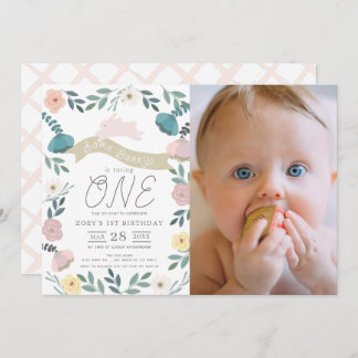 Blumengarten Pink Bunny Girl Foto 1. Geburtstag Einladung