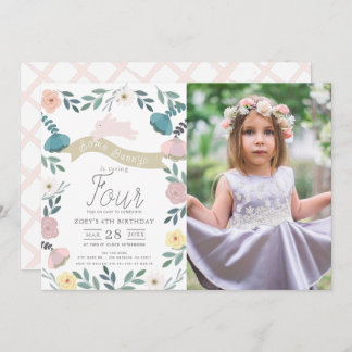 Blumengarten Pink Bunny Girl Foto Geburtstag Einladung