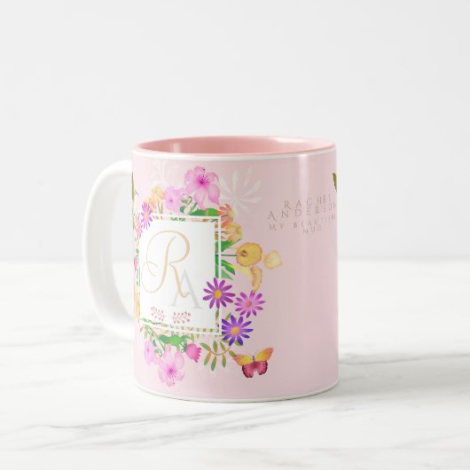 Blumengarten Rosa Monogramm-Tasse Zweifarbige Tasse (Vorderseite Links)