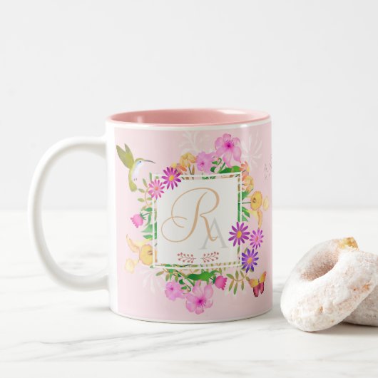 Blumengarten Rosa Monogramm-Tasse Zweifarbige Tasse (Mit Donut)