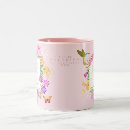Blumengarten Rosa Monogramm-Tasse Zweifarbige Tasse (Mittel)