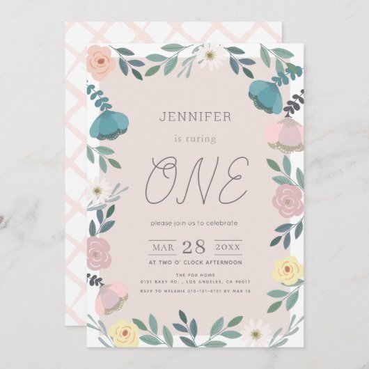 Blumengarten Rosa Rosa GIrl 1. Geburtstag Einladung (Vorne/Hinten)