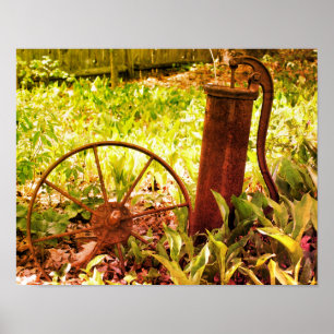 Blumengarten Rusty Wheel und Pump Tinted Poster