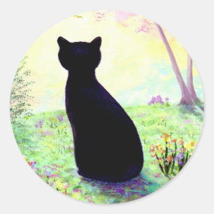 Blumengarten Schwarzer Katze Runder Aufkleber