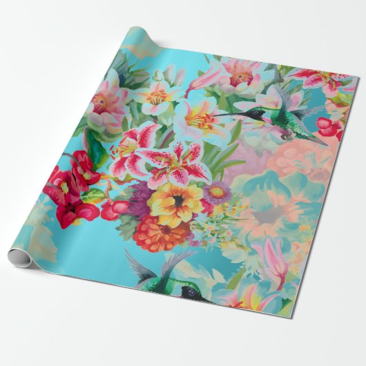 Blumengarten Türkis Pink Pastel Bird Geschenkpapier (Ungerollt)